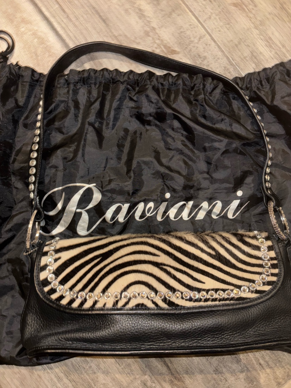 Raviani Black Leather Shoulder Bag with Zebra Print Flap and Crystal Trim